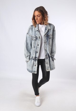 ACID WASH DENIM JACKET LONG LONGLINE OVERSIZED UK 14 (EAV)