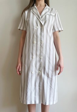 Vintage St. Michael White Gray Stripes Double Breasted Dress