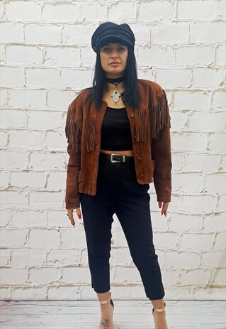 VINTAGE TAN REAL SUEDE FRINGE CROPPED JACKET.