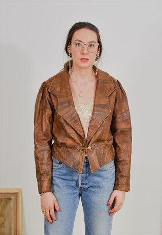 PATCHWORK LEATHER JACKET BROWN VINTAGE 80S RETRO M