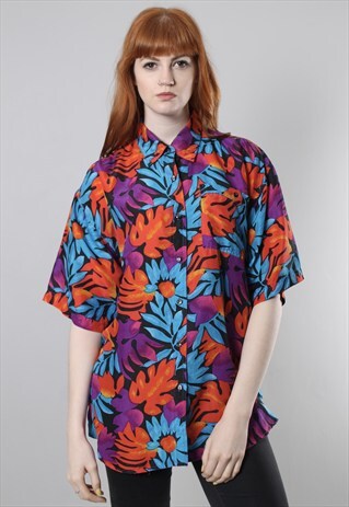 VINTAGE 80S SILK BRIGHT PATTERNED OVERSIZE SHIRT