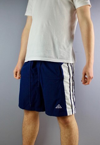 VINTAGE ADIDAS SHORTS IN NAVY WITH POCKETS, EMBROIDERED LOGO