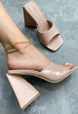 Flare Block Heel Mules In Beige