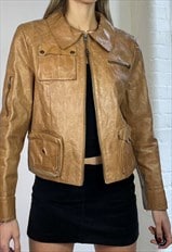 Vintage Y2k Leather Biker Jacket Dual Zip Distressed Tan