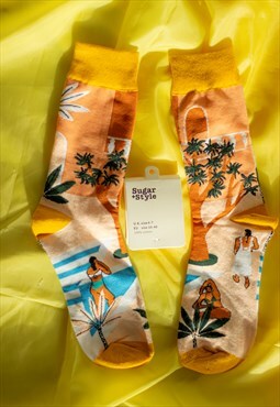 Beach Babe Illustrated Long Length Socks