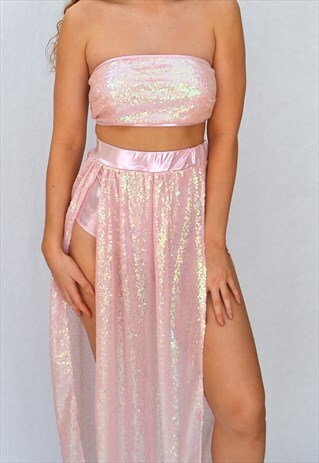 PINK SEQUIN LONG SKIRT WITH SLITS