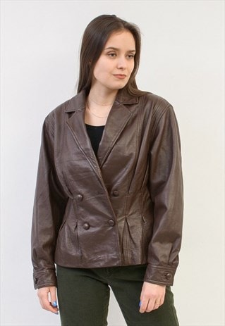 VINTAGE WOMEN'S LEATHER JACKET BLAZER DOUBLE BREASTED BUTTON