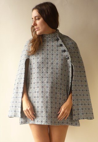 1960'S VINTAGE WELSH TWEED TAPESTRY MOD WOOL WOVEN CAPE