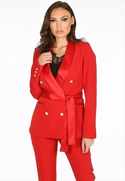 Red Tailored Belted Blazer With Satin Lapel