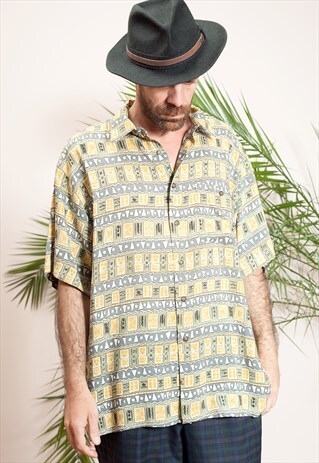 MENS VINTAGE SHORT SLEEVE, ABSTRACT PRINT, BUTTON UP SHIRT