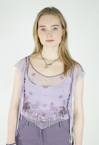 VINTAGE 90S Y2K 00S PURPLE LILAC SEQUIN FLOATY TOP