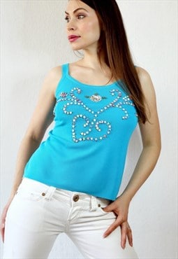 Beaded 90s Vintage Cami Top Vest Baby Tee Bright Blue S-M