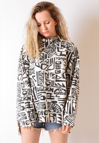 VINTAGE 80S BLACK AND WHITE AZTEC PRINT SWEATSHIRT JUMPER