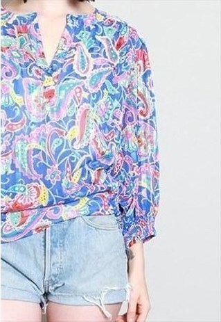 VINTAGE 1980'S VIBRANT BLUE PAISLEY PATTERNED BLOUSE