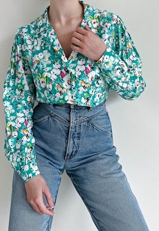 VINTAGE 80S V-NECK LONG SLEEVE MULTI FLORAL BLOUSE S