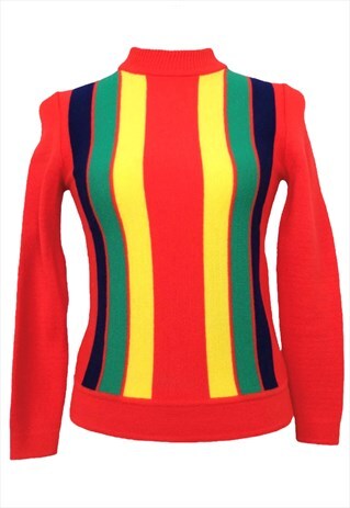 VINTAGE 60S MOD PSYCHEDELIC FUNKY BRIGHT STRIPED MOCKNECK
