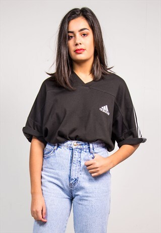 90'S VINTAGE ADIDAS BLACK OVERSIZE V-NECK T-SHIRT