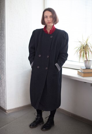 VINTAGE 80'S WOOL PUFF SLEEVED NO COLLAR COAT IN GREY