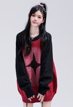 Geometric sweater knitted raglan jumper Star print top red