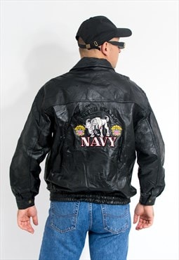 Vintage aviator leather jacket US Navy in black patchwork