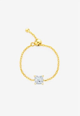 Gold Square Asscher Stone Chain Ring - Adjustable