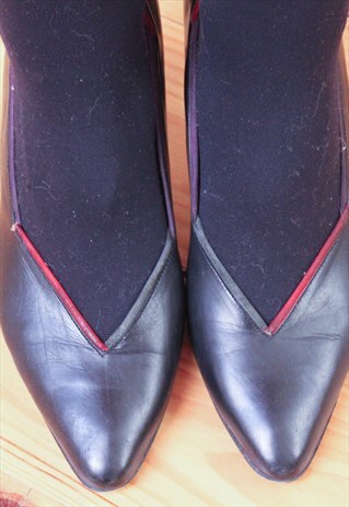 BLACK HIGH HEEL RED AND PURPLE TRIM SHOES