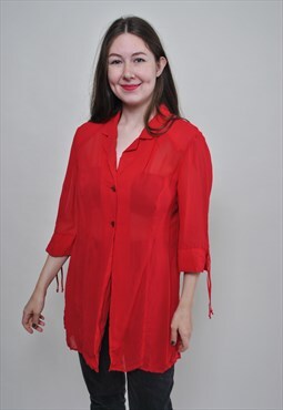 Vintage red blouse, tie sleeves button up shirt