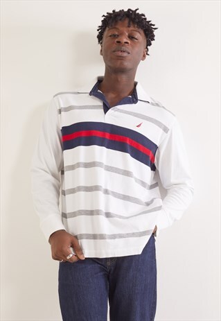 VINTAGE NAUTICA STRIPE LONG SLEEVE POLO TOP WHITE