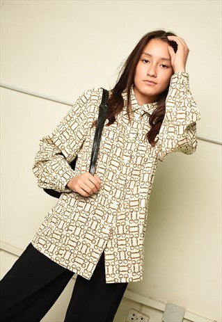 90S GOES 70S MOD PRINT LOOSE-FITTING SHIRT BLOUSE