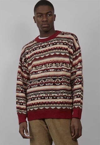 VINTAGE 80'S PATTERNED RED WOOL JUMPER