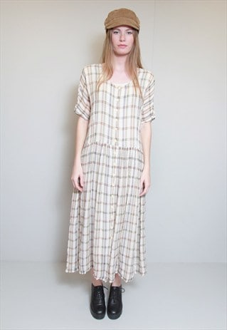 VINTAGE 1990'S BEIGE BUTTON FRONT CHECK PRINT MIDI DRESS