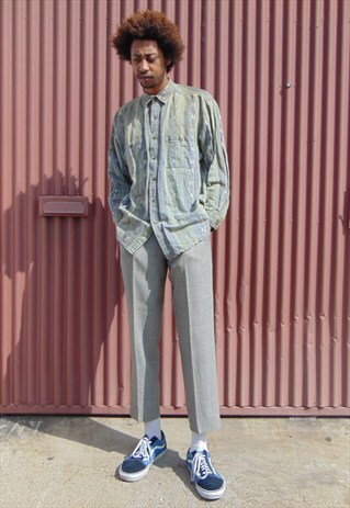 90S FADED VERTICAL STRIPE TRIBAL PATTERN LINEN BLEND SHIRT