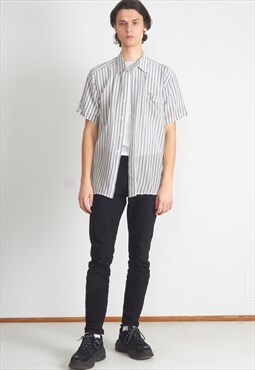 Vintage White Black Striped Short Sleeve Silky Shirt