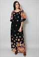 70's Vintage Ladies Black Maxi Dress Floral Print Medium