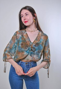 Women vintage brown boho blouse with abstract print 
