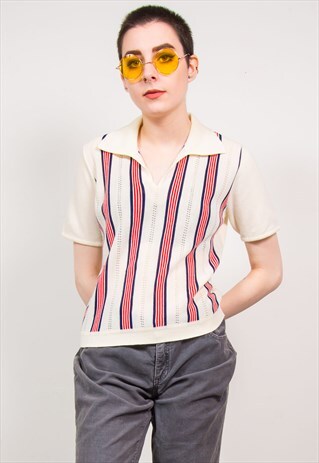 VINTAGE 70'S WHITE & RED STRIPED OPEN COLLAR KNIT TOP