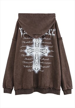 Brown Washed Distressed Graphic Oversized Hoodies Y2k