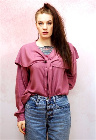 1980S VINTAGE TIE UP COLLAR PURPLE LONG SLEEVE BLOUSE
