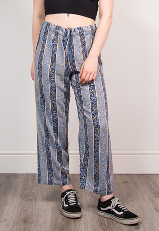 90'S BOHO WAVEY BLUE STRIPE PATTERN WIDE LEG TROUSERS