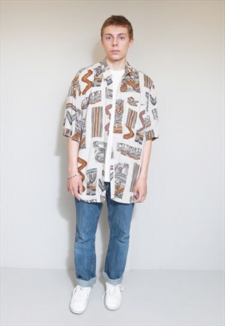 VINTAGE 1980'S ABSTRACT PRINT GREY AND BROWN OVERSIZED SHIRT