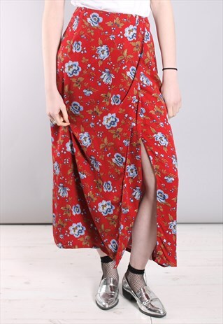 VINTAGE 80S FLORAL PATTERNED WRAP MAXI SKIRT