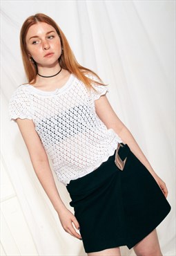 Vintage Crochet Top 90s White Lace Knit Crop Top