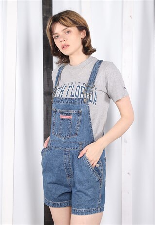 VINTAGE DARK BLUE DENIM SHORT DUNGAREES 90S OVERALLS.