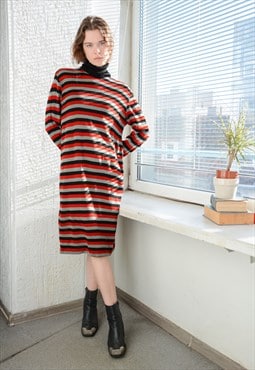 Vintage Multicolour Striped Knitted Turtle Neck Dress