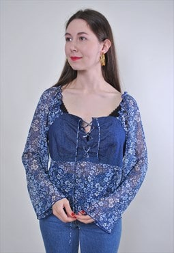 Women vintage summer floral blue lace blouse 