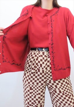 90s Vintage Red Floral Embroidered Blouse & Cardigan Set