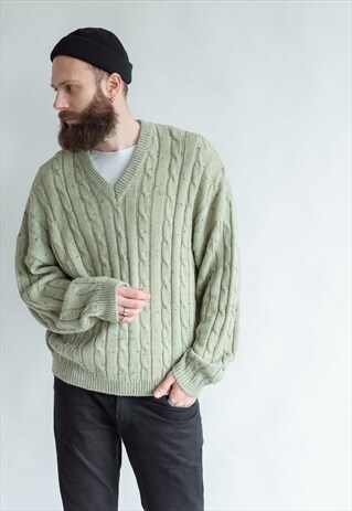 VINTAGE 80S DADS JUMPER IN PASTEL GREEN CABLE KNIT