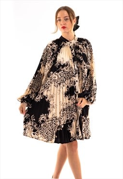 Black and White Scarf print Full pleated Shirt dress