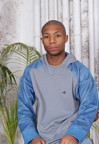 VINTAGE ADIDAS LOGO HOODED TRACK JACKET GREY BLUE