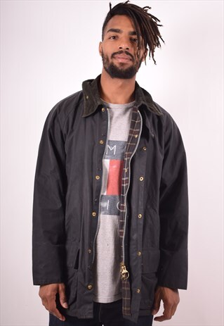 BARBOUR MENS VINTAGE WAXED COTTON JACKET LARGE NAVY BLUE 90S